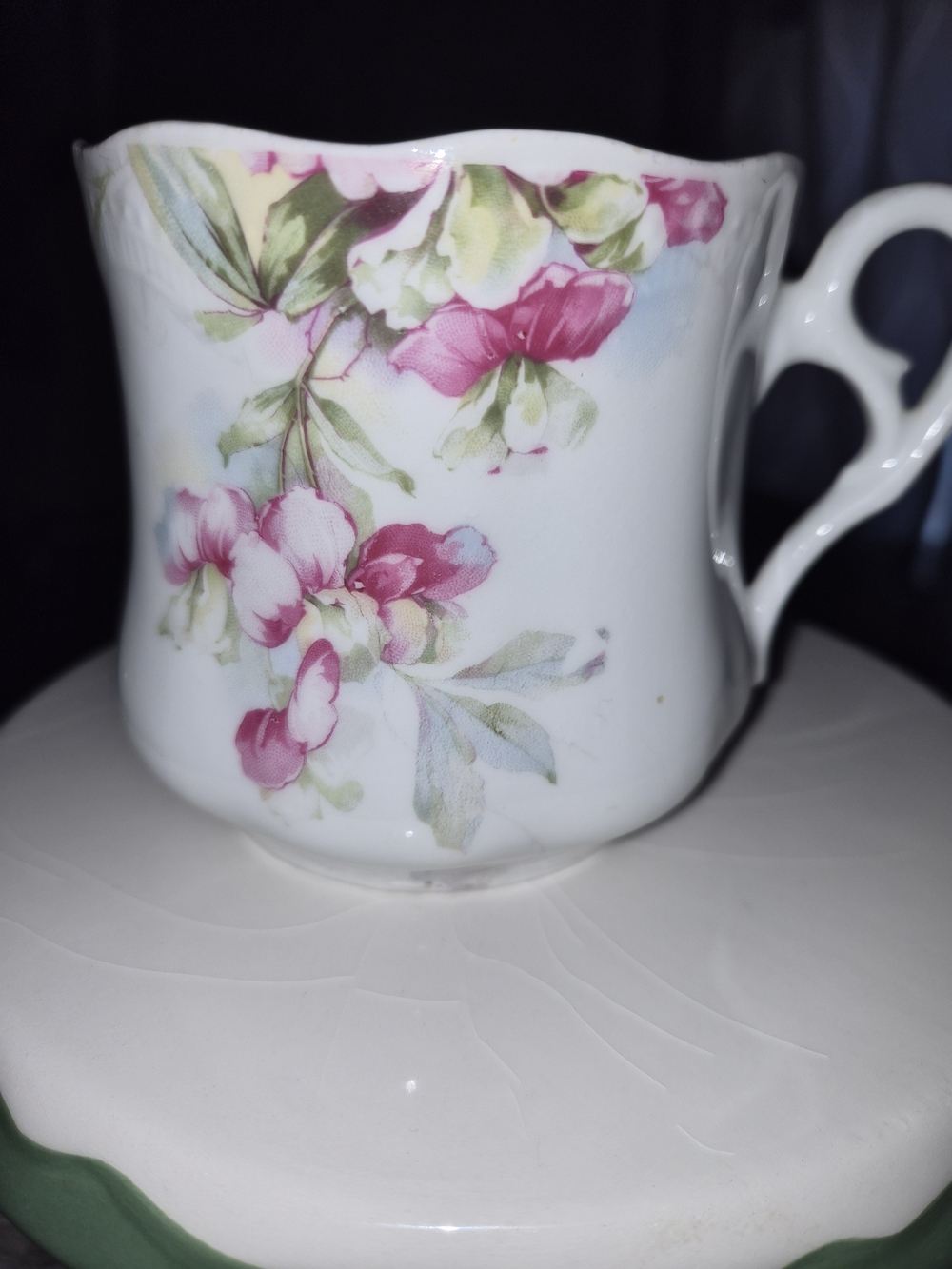 Porcelain Mustache Cup Floral Sweet Pea Design Victorian Style Gold Artist Mark